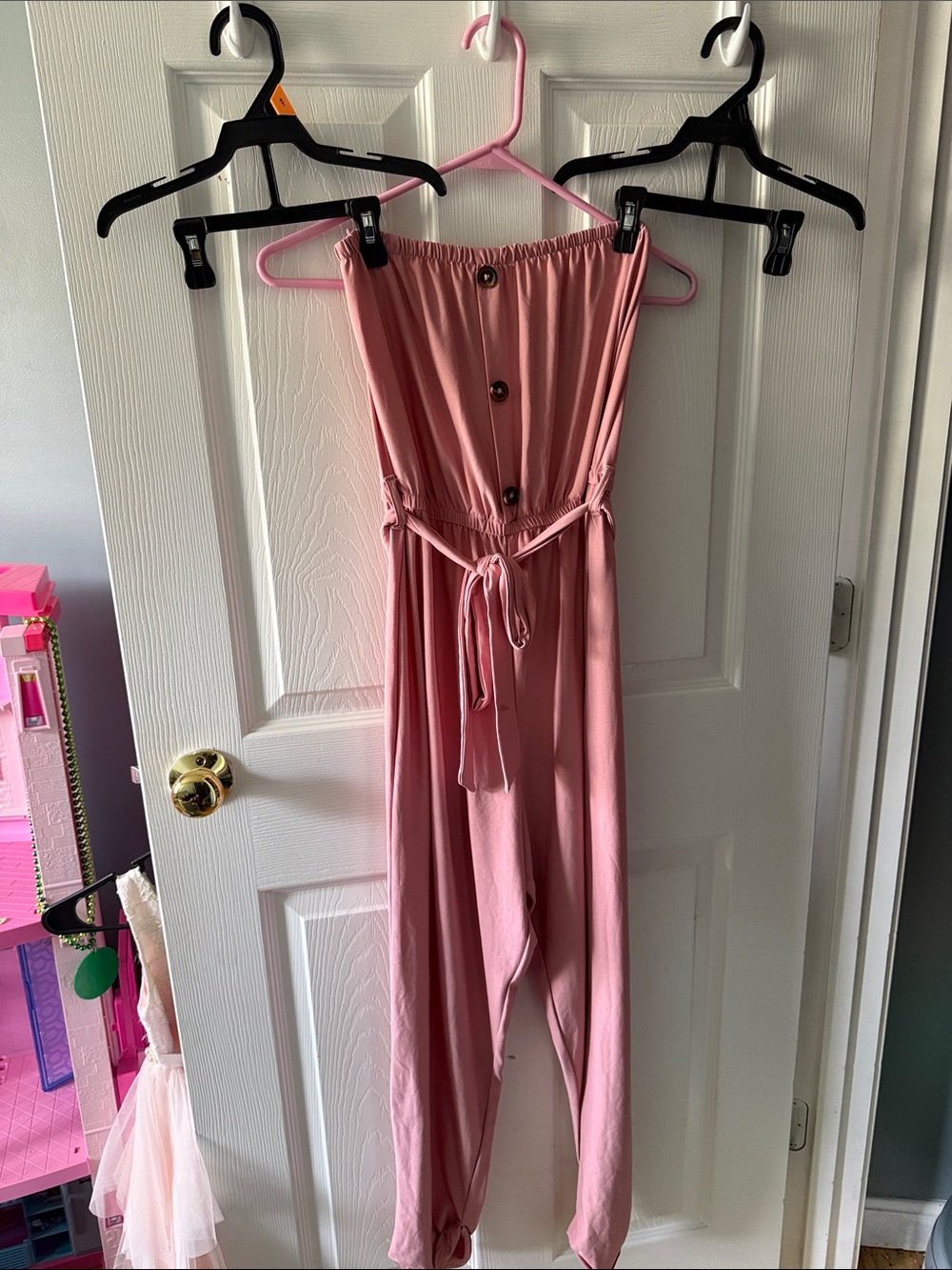 Love Strapless Pink Jumpsuit with Button Front and Tie Waist
